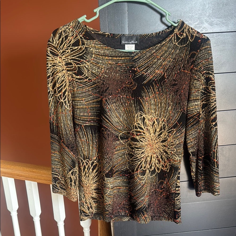 Brittany Black Medium Floral Flower Vintage Sparkle Glitter Top Black Brown Y2K